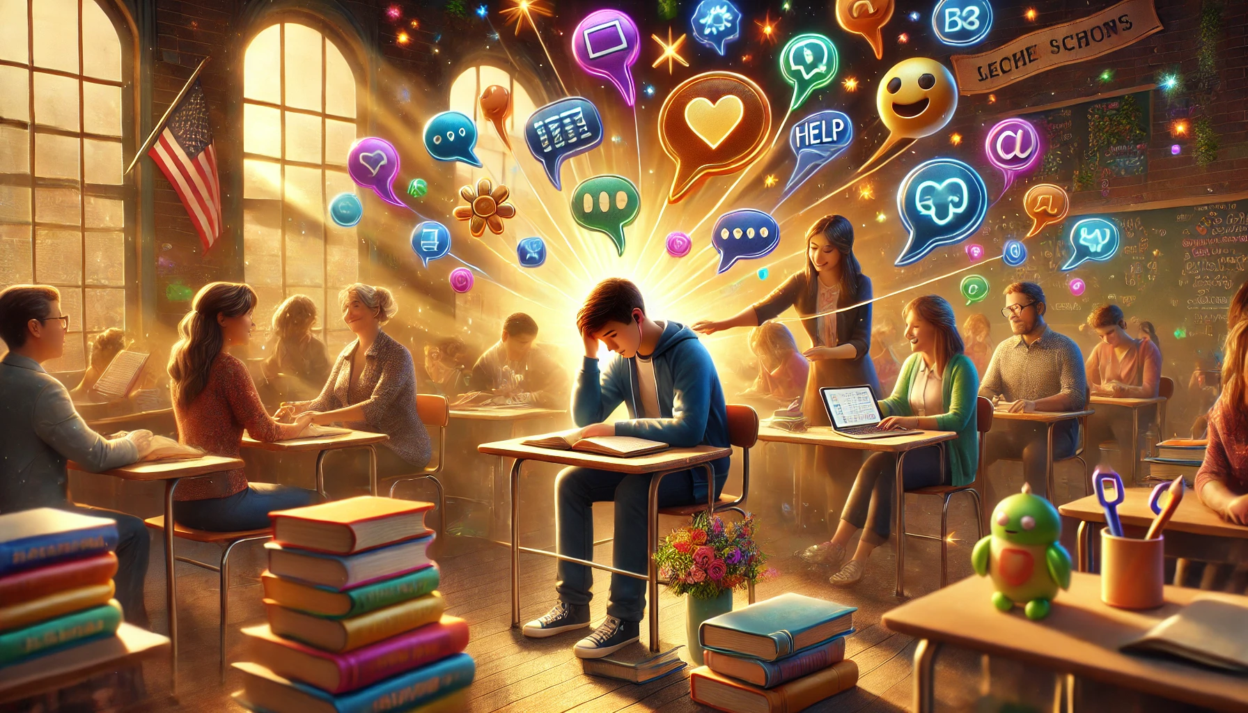 Illustrazione di un’aula scolastica mentre un’insegnante aiuta un alunno a capire come riconoscere i disturbi dell’apprendimento.